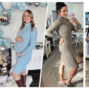 Long Sleeve Turtleneck Sweater Dress Cable Knitted Bodycon Midi Maternity Dress